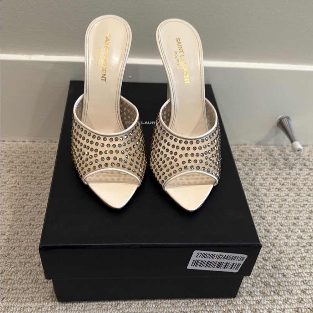 Saint Laurent Gold and Cream Studded Mules
